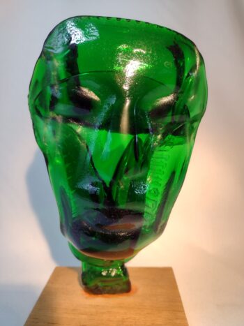 Green bottle art face sculpture