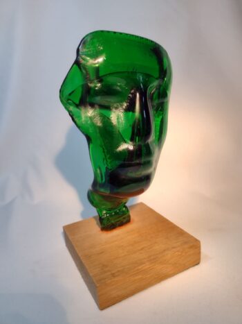 Green bottle art face sculpture