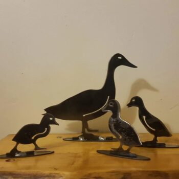 Metal duck and ducklings on stands - Rusty Garden Art