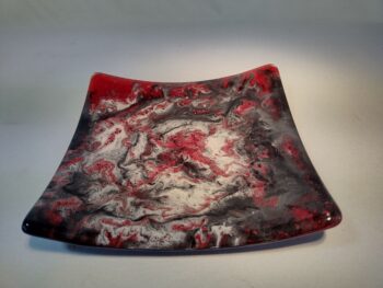 Black, red and white marble swirl glass plate