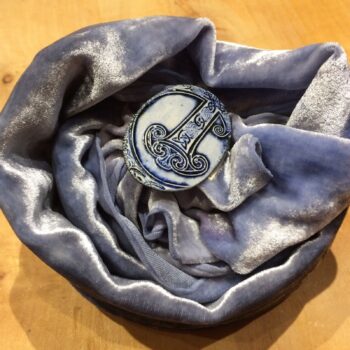 Blue Silk Velvet Scarf with "Pottery Shard" Brooch | Hand-dyed & One-off