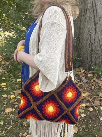 Red & Purple Flower Crochet & Leather Bespoke Bag