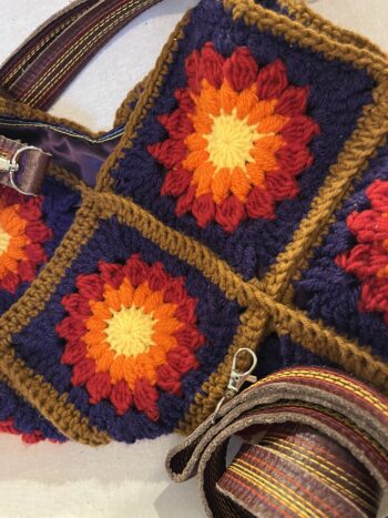 Red & Purple Flower Crochet & Leather Bespoke Bag - Image 2