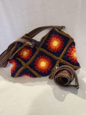 Red & Purple Flower Crochet & Leather Bespoke Bag - Image 4