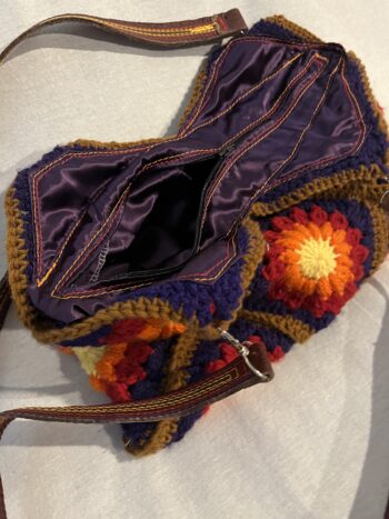 Red & Purple Flower Crochet & Leather Bespoke Bag - Image 3