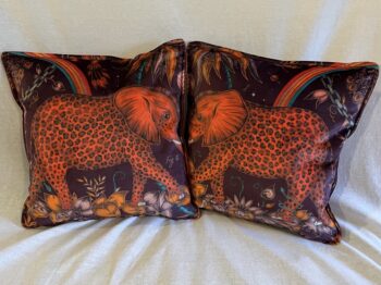 Pair of Red and Purple Velvet Elephant Cushions.