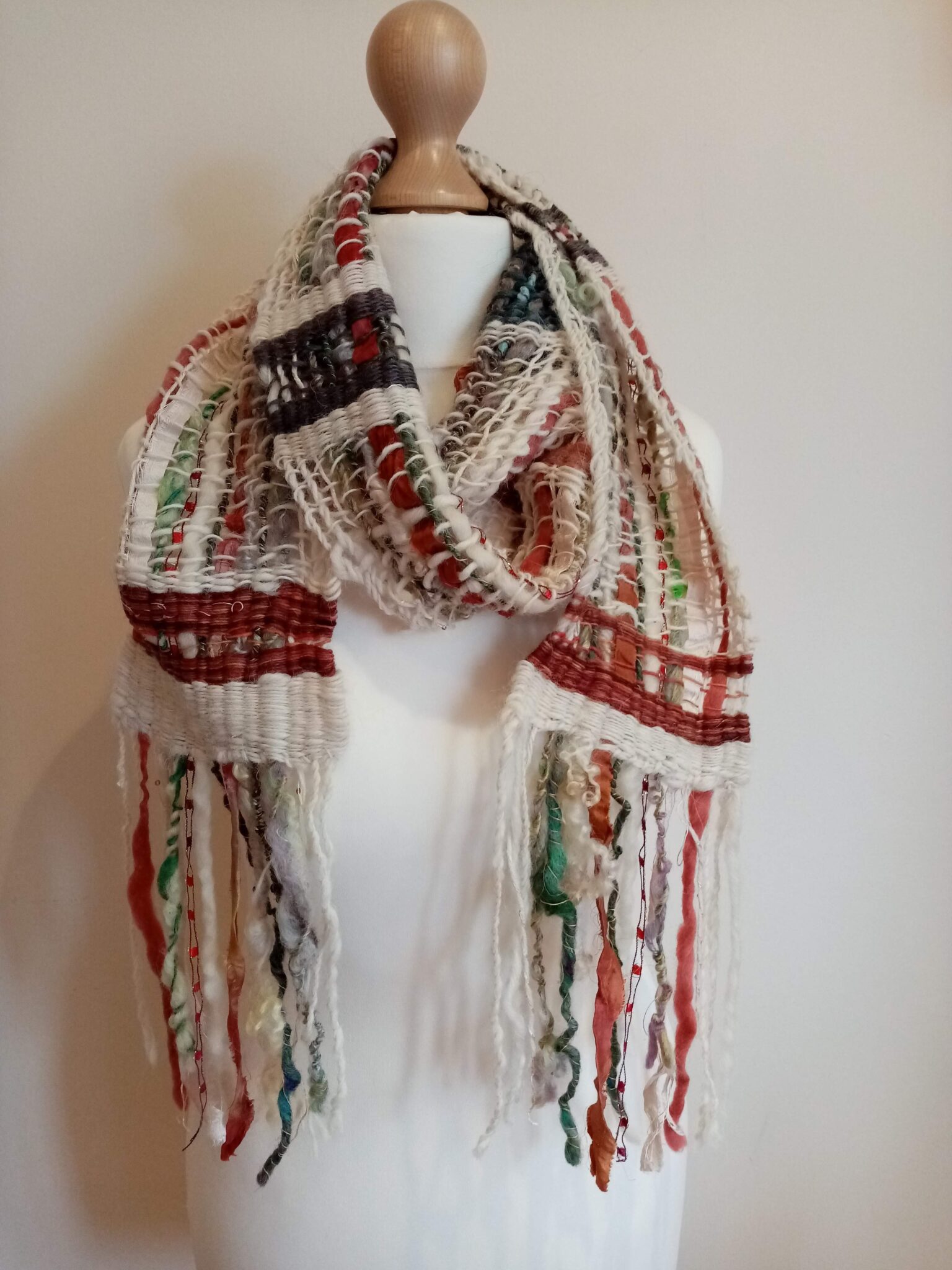 Handwoven cream, sage green and rich brown homespun art yarn scarf