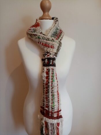 Handwoven cream, sage green and rich brown homespun art yarn scarf - Image 2