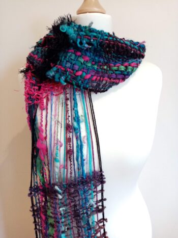 Handwoven black, cerise and turquoise hand spun art yarn scarf - Image 4