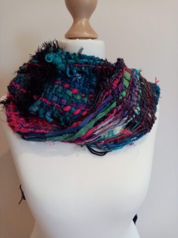 Handwoven black, cerise and turquoise hand spun art yarn scarf - Image 3