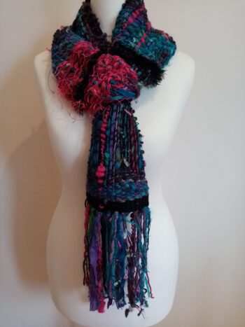 Handwoven black, cerise and turquoise hand spun art yarn scarf - Image 2