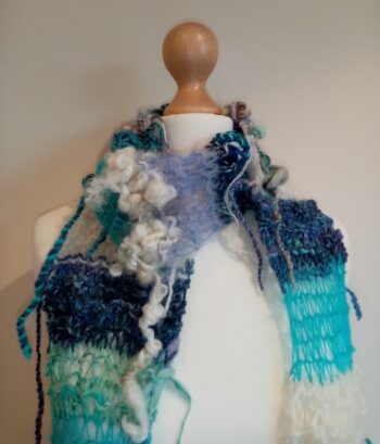 Super squishy blue, teal and white handspun art yarn scarf