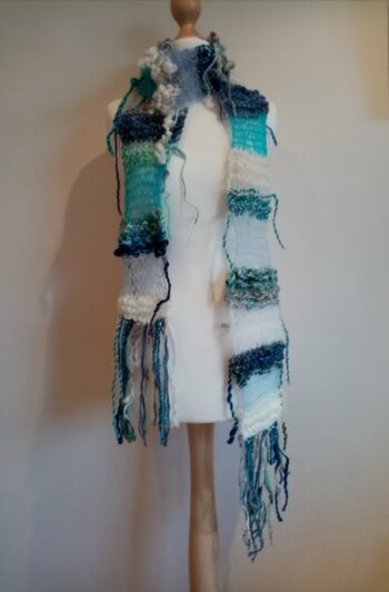 Super squishy blue, teal and white handspun art yarn scarf - Image 5