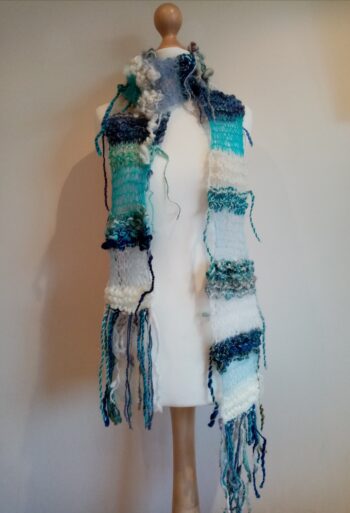 Super squishy blue, teal and white handspun art yarn scarf - Image 2