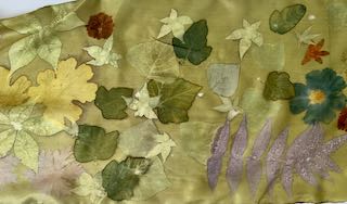 green silk scarf eco printed botanical leaf