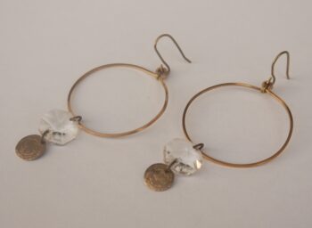 Brass square wire, glass bead and coin earrings