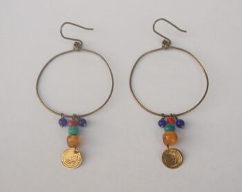 Brass wire, semi precious stone and coin earrings