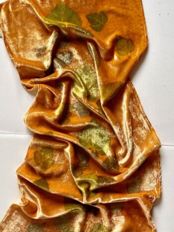 Apricot Fool Silk Velvet Scarf Shawl Botanically Printed with Leaves - Image 4