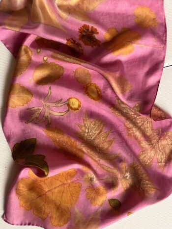 Golden Rose Silk Twill Scarf Botanically Printed with Leaves and Flowers - Image 4