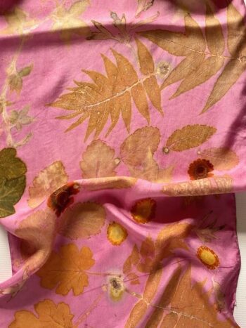 Golden Rose Silk Twill Scarf Botanically Printed with Leaves and Flowers - Image 6