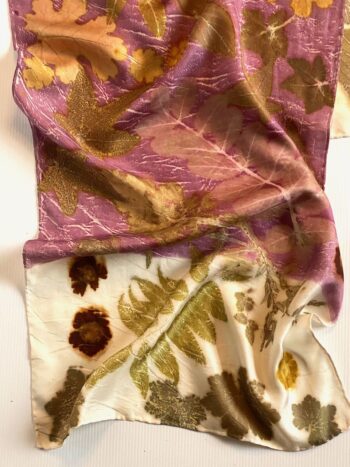 Damson Cream Silk Twill Scarf Botanically Printed with Leaves and Flowers - Image 2