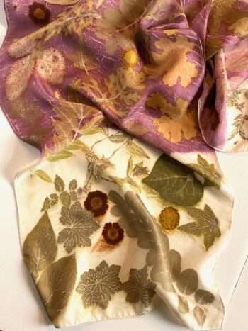 Damson Cream Silk Twill Scarf Botanically Printed with Leaves and Flowers - Image 3