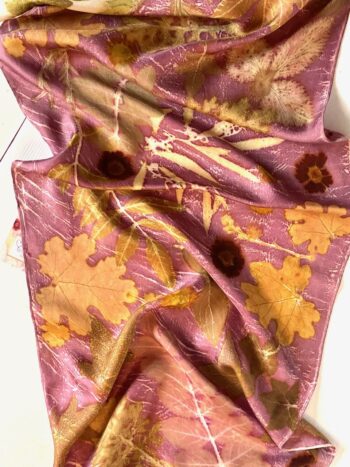 Damson Cream Silk Twill Scarf Botanically Printed with Leaves and Flowers - Image 4