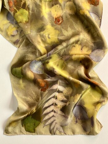 "Woodland Stream" Silk Twill Scarf Botanically Printed with Leaves and Flowers - Image 3