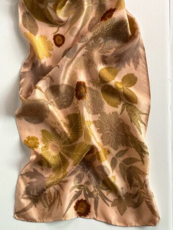 Madder Rose Silk Twill Scarf Botanically Printed with Leaves and Flowers - Image 2