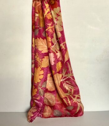 magenta queen silk twill scarf with botanical leaf prints