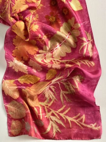 Magenta Queen Silk Twill Scarf Botanically Printed with Leaves and Flowers - Image 2