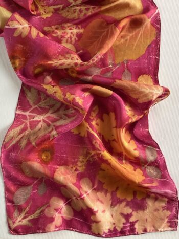 Magenta Queen Silk Twill Scarf Botanically Printed with Leaves and Flowers - Image 3