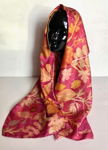 Magenta Queen Silk Twill Scarf Botanically Printed with Leaves and Flowers - Image 5