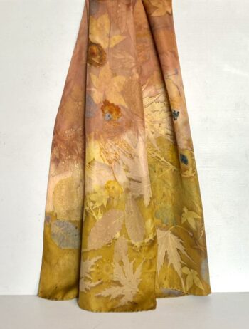 autumn gold silk twill scarf with botanical leaf prints