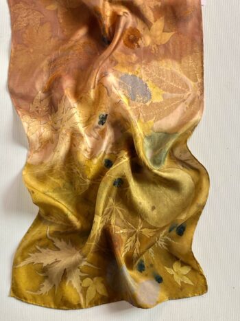 "Autumn Gold" Silk Twill Scarf Botanically Printed with Leaves and Flowers - Image 3