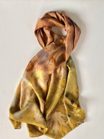 "Autumn Gold" Silk Twill Scarf Botanically Printed with Leaves and Flowers - Image 4