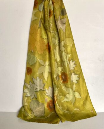 golden green silk twill scarf with botanical leaf prints eco print