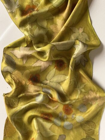 Golden Green Silk Twill Scarf Botanically Printed with Leaves and Flowers - Image 5