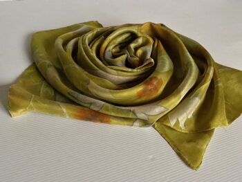 Golden Green Silk Twill Scarf Botanically Printed with Leaves and Flowers - Image 4