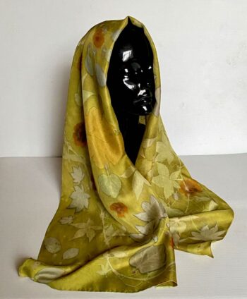 Golden Green Silk Twill Scarf Botanically Printed with Leaves and Flowers - Image 3