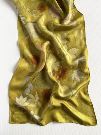 Golden Green Silk Twill Scarf Botanically Printed with Leaves and Flowers - Image 2