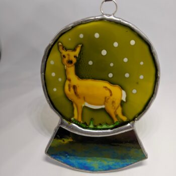 Stained glass snowglobe, highland red deer