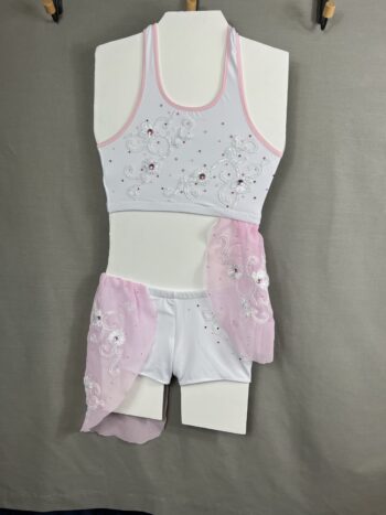 White 2 piece lyrical dance costume with pink accents - Image 2