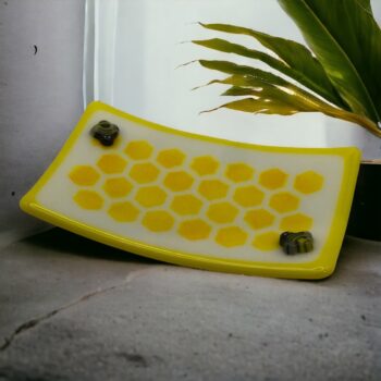 Honeycomb and bee fused glass trinket dish - rectangular