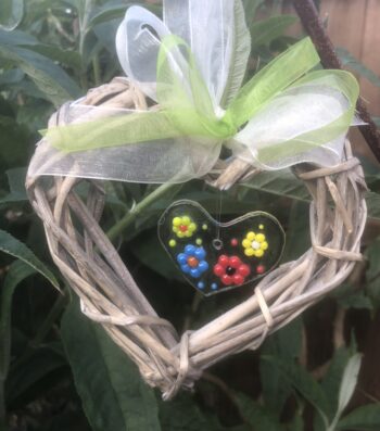 Wicker and glass fused hanging heart - perfect gift