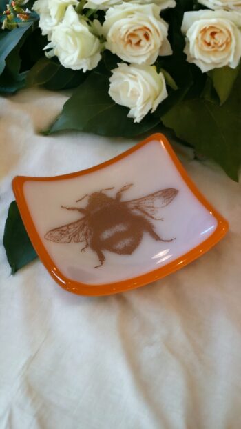 Bee trinket dish - fused glass with metallic enamel bee.