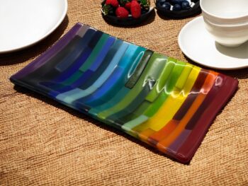 Fused glass patchwork rainbow rectangular dish - Image 2