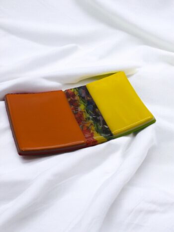 Fused glass trinket dish - inset rainbow pattern bar