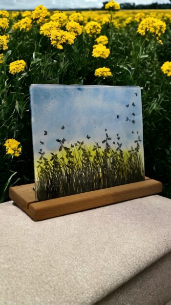 Fused glass meadow scene - three tea-light holder