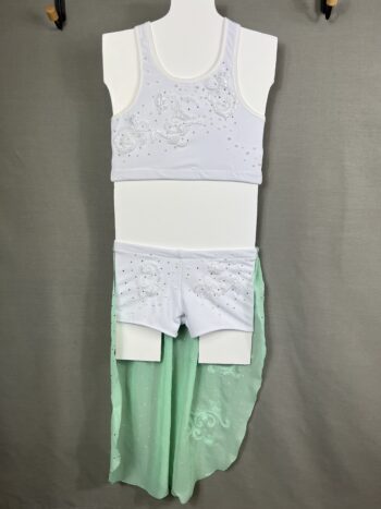 White 2 piece lyrical dance costume with mint green accents - Image 3